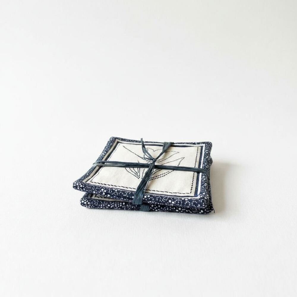 Vintage Handmade Fabric Coasters Set of 4 Blue Floral Tulip Quilt Style Cottage